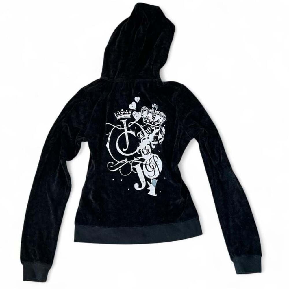 Y2K Juicy Couture Black Velour Zip Up Hoodie – Heart & Crown Graphic (Size L)
